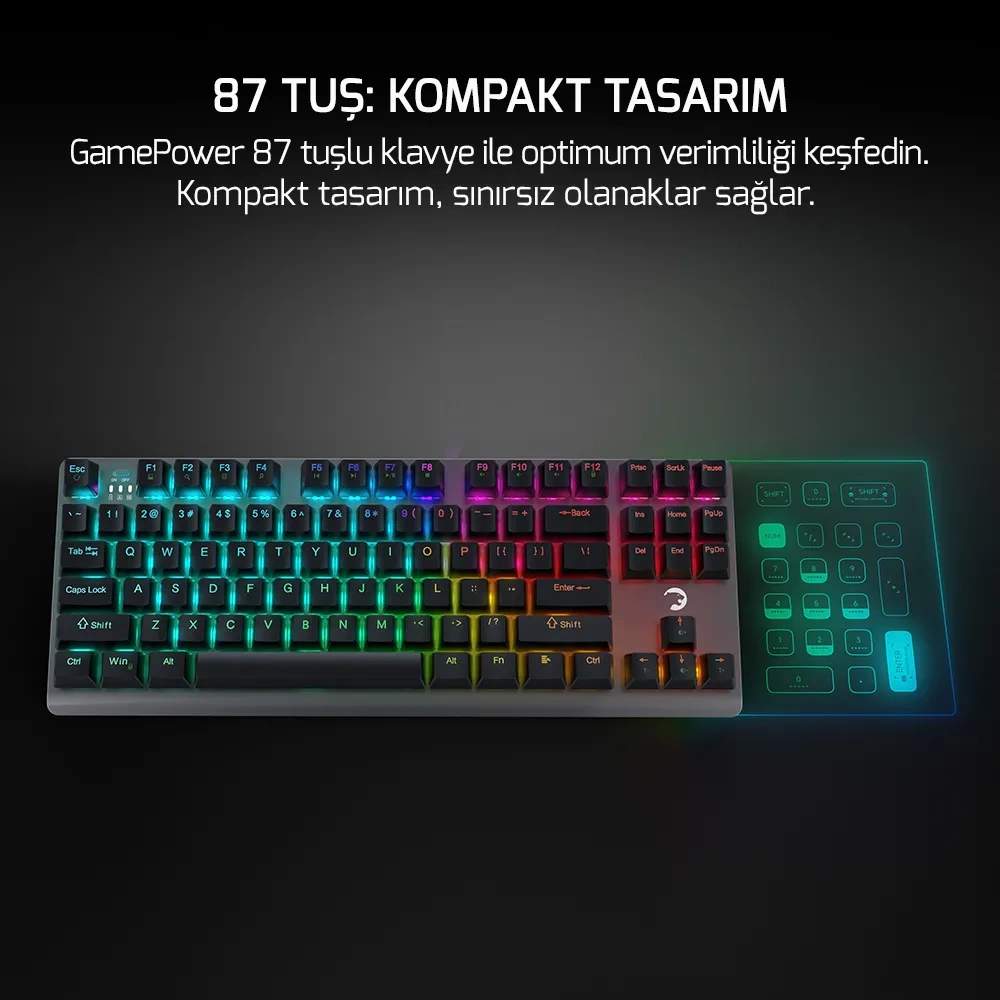 GamePower Eva 7 60M Mekanik Kablolu, 2.4Ghz, Bluetooth 3 Mod Red Switch Türkçe Q 88 Tuş USB RGB Gaming Klavye
