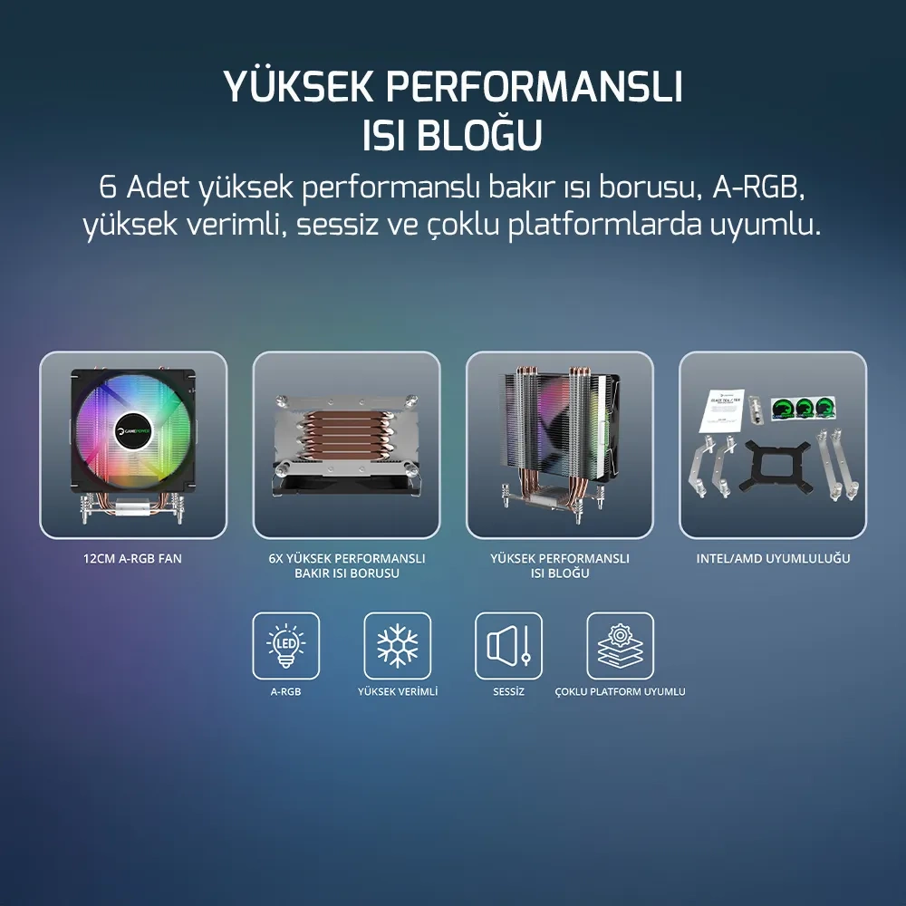 GamePower Glace TC6 ARGB 120mm LGA1851/LGA1700/AM5 İşlemci Soğutucu