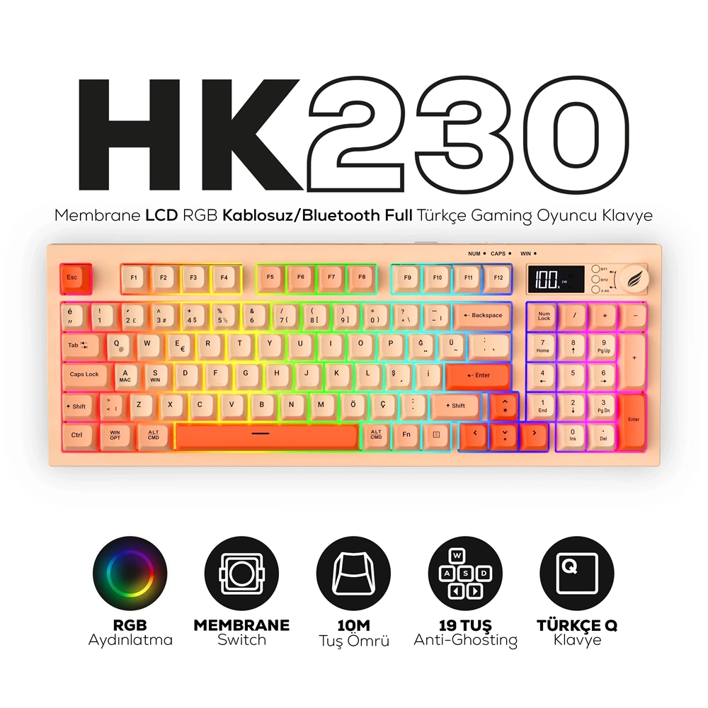 HAWK HK230P Membrane LCD RGB Kablosuz/Bluetooth Pembe Turuncu Oyuncu Klavye
