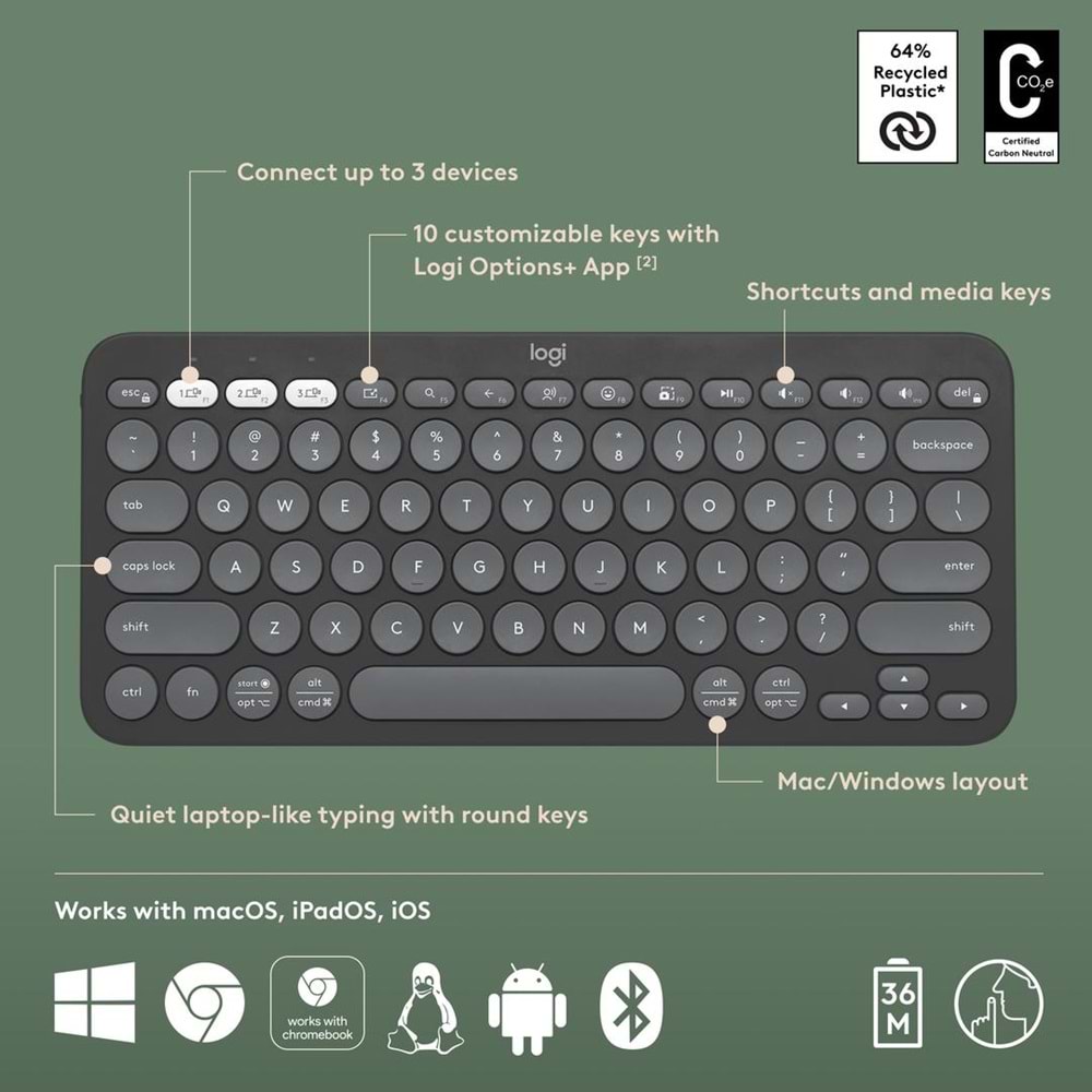 LOGITECH K380S PEBBLE BLUETOOTH GRAFIT KLAVYE