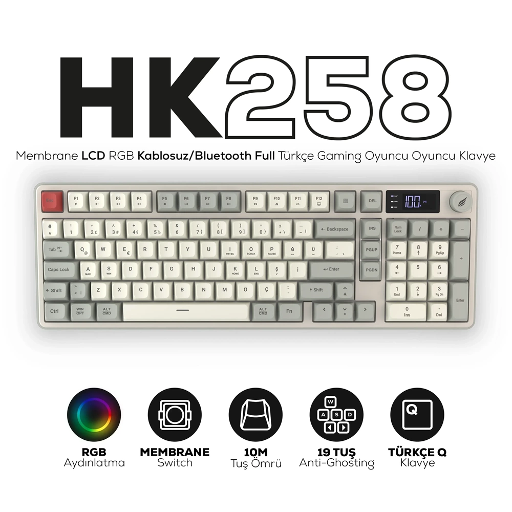 HAWK HK258RK GAMING HK258 MEMBRANE LCD RGB KABLOSUZ/BLUETOOTH KIRMIZI HAKİ FULL TÜRKÇE GAMING KLAVYE