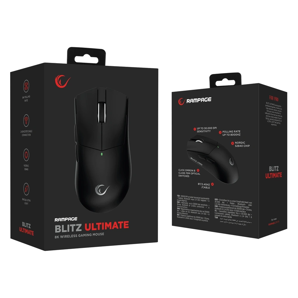 Rampage BLITZ ULTIMATE 8K BT+Wired+2.4G Siyah Kablosuz Gaming Oyuncu Mouse