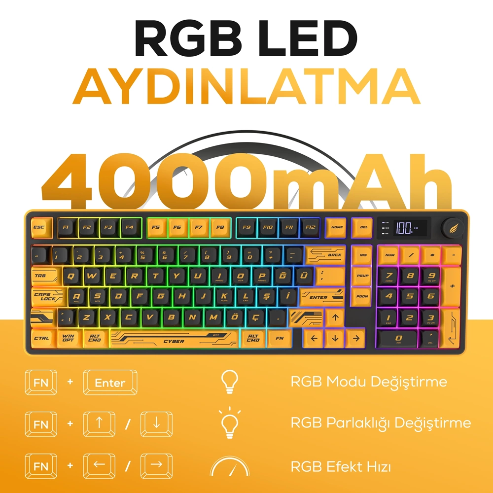 HAWK GAMING HK258CY KABLOSUZ SARI SIYAH KLAVYE