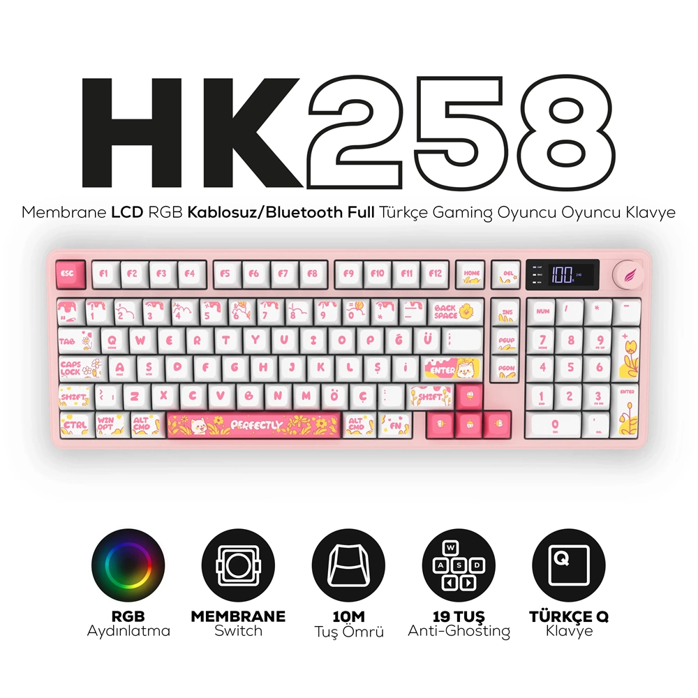 HAWK GAMING HK258WP KABLOSUZ BEYAZ PEMBE KLAVYE