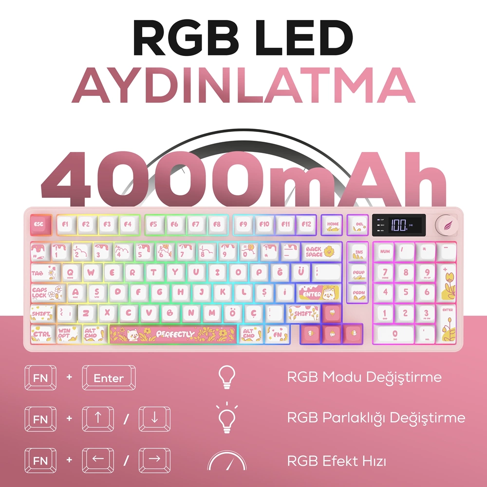 HAWK GAMING HK258WP KABLOSUZ BEYAZ PEMBE KLAVYE