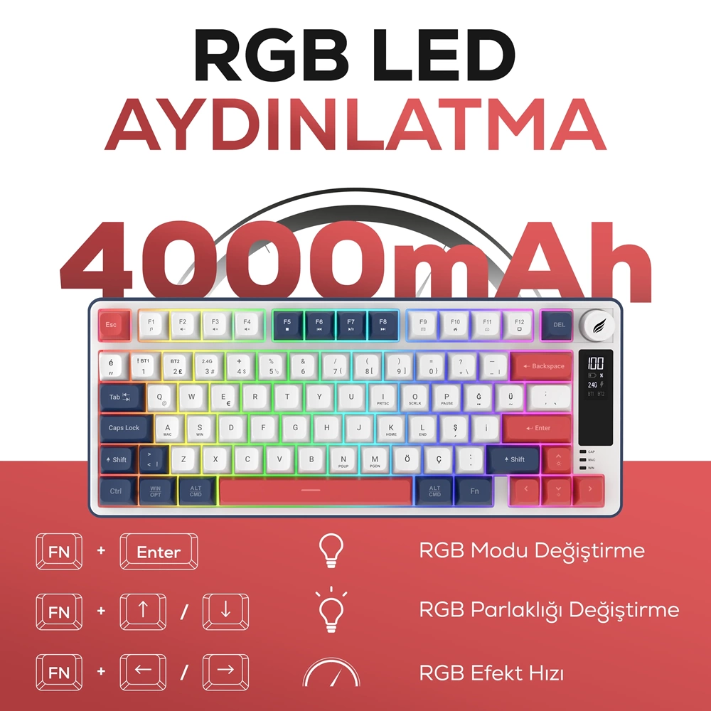 HAWK GAMING HK255 Membrane LCD RGB Kablosuz/Bluetooth Mavi Kırmızı Türkçe Gaming Oyuncu Klavye