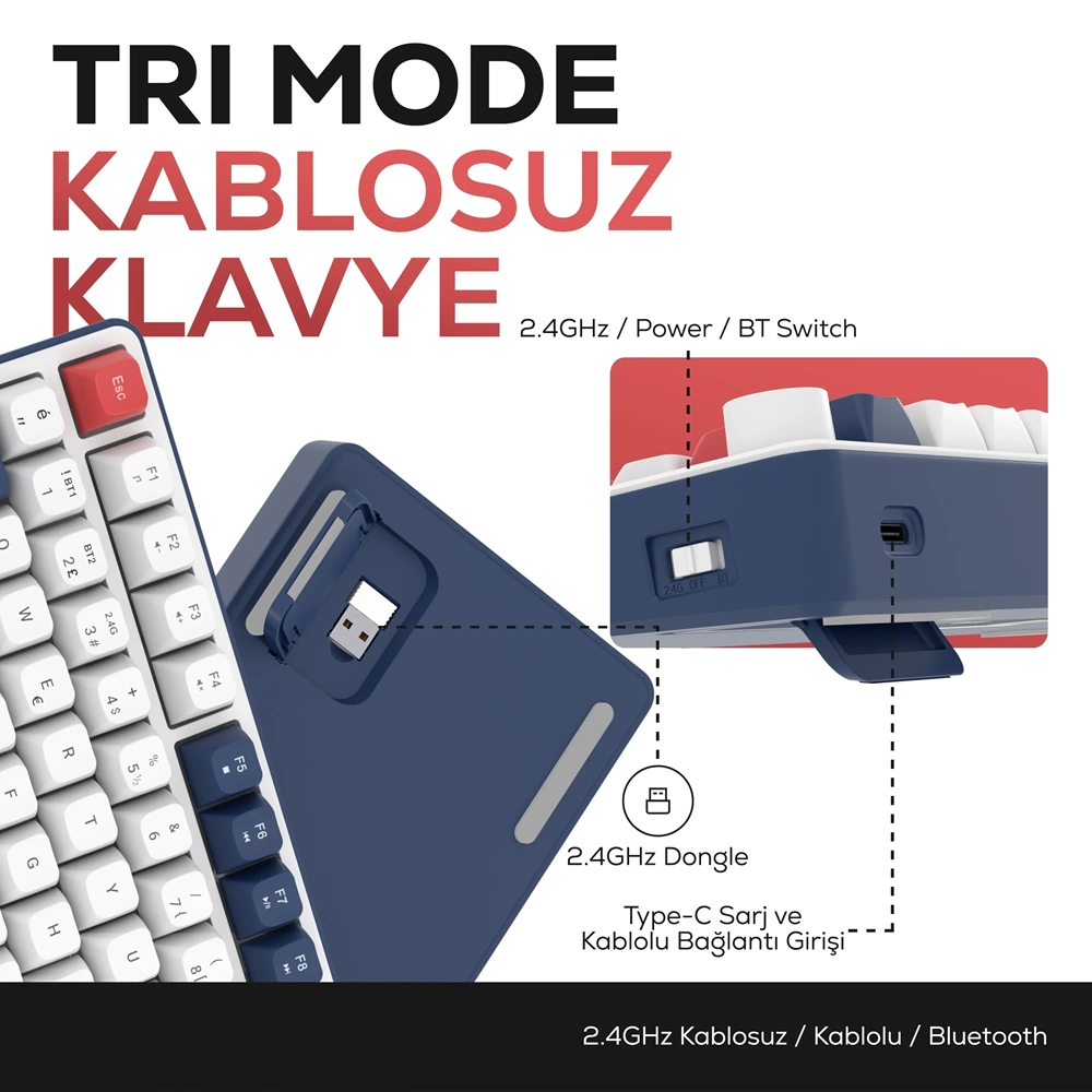 HAWK GAMING HK255 Membrane LCD RGB Kablosuz/Bluetooth Mavi Kırmızı Türkçe Gaming Oyuncu Klavye