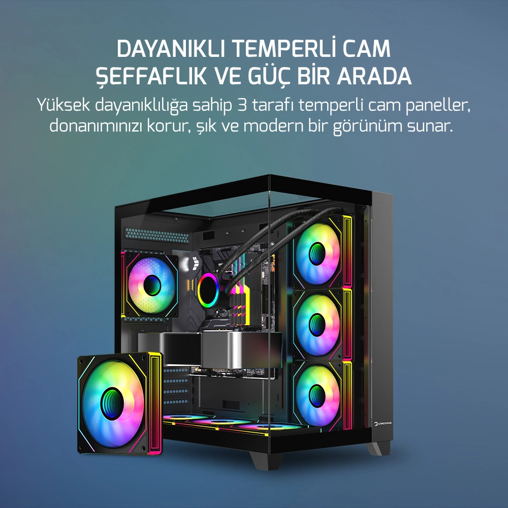 GamePower Warcry TopGlass 750W 4xARGB Temperli Cam ATX Siyah Gaming Kasa