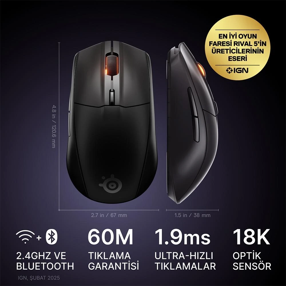STEELSERIES RIVAL 3 WIRELESS GEN 2 SIYAH KABLOSUZ MOUSE