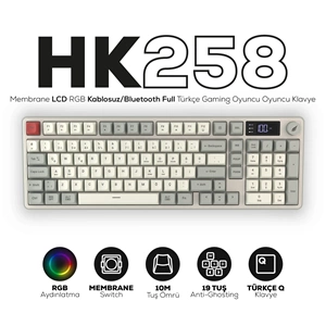 HAWK HK258RK GAMING HK258 MEMBRANE LCD RGB KABLOSUZ/BLUETOOTH KIRMIZI HAKİ FULL TÜRKÇE GAMING KLAVYE