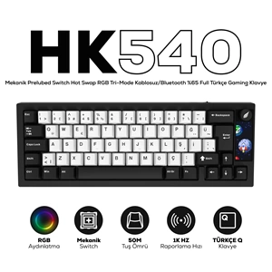Hawk HK540 Mekanik Prelubed Switch Hot Swap RGB Kablosuz/Bluetooth Full Türkçe Gaming Klavye