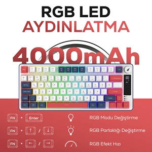 HAWK GAMING HK255 Membrane LCD RGB Kablosuz/Bluetooth Mavi Kırmızı Türkçe Gaming Oyuncu Klavye