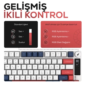 HAWK GAMING HK255 Membrane LCD RGB Kablosuz/Bluetooth Mavi Kırmızı Türkçe Gaming Oyuncu Klavye