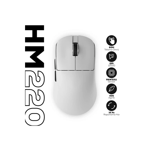 HAWK HM220 BEYAZ 1K HZ 12000 DPI TRI-MODE KABLOSUZ GAMING MOUSE