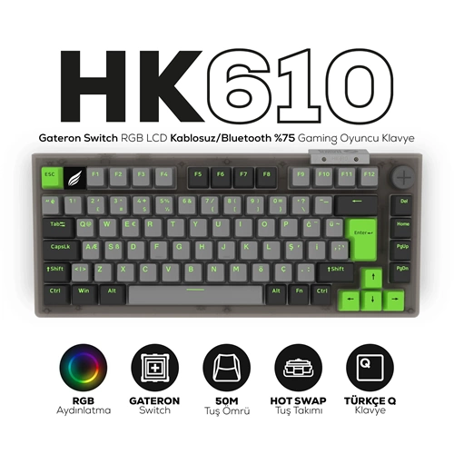 Hawk Gaming HK610 Gateron Switch RGB LCD Tri-Mode Kablosuz/Bluetooth %75 Gaming Oyuncu Klavye