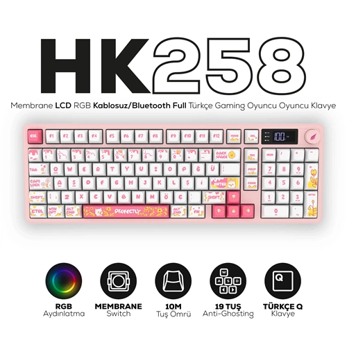 HAWK GAMING HK258WP KABLOSUZ BEYAZ PEMBE KLAVYE