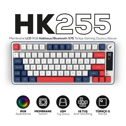 HAWK GAMING HK255 Membrane LCD RGB Kablosuz/Bluetooth Mavi Kırmızı Türkçe Gaming Oyuncu Klavye