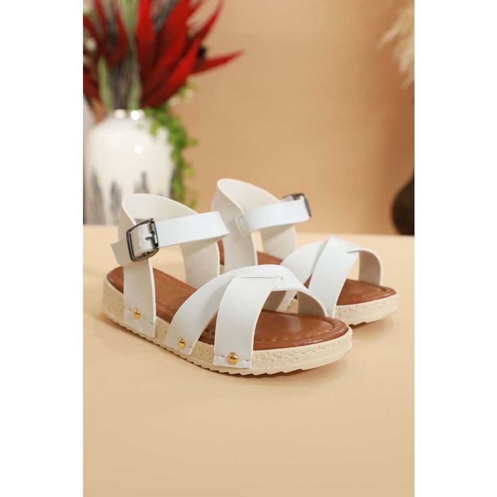 Kidessa 055 Anatomik Tabanlı Bantlı Kız Çocuk Günlük Sandalet - BEYAZ - 30 - NKT00055-BEYAZ-30