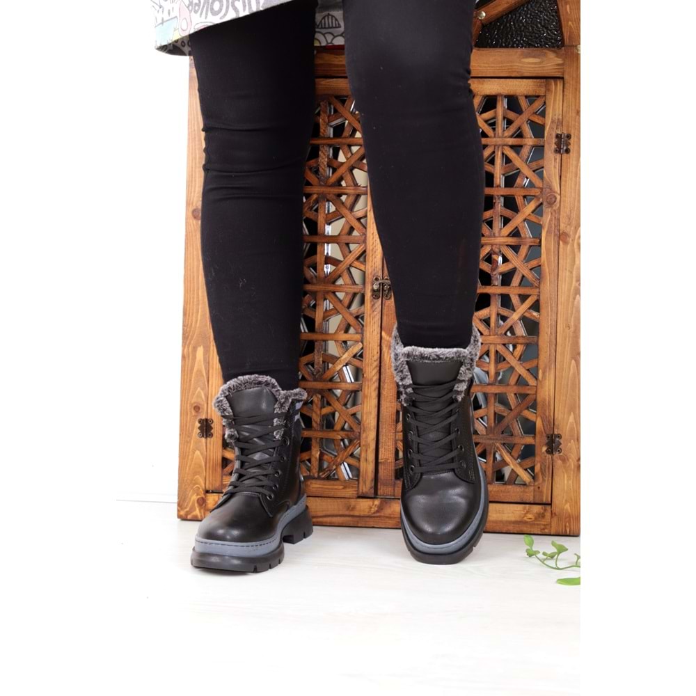 Konfores 1401 Kauçuk Tabanlı Bayan Spor Bot - NKT01401-siyah gri-36