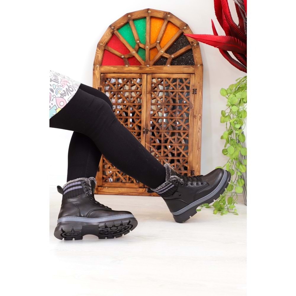 Konfores 1401 Kauçuk Tabanlı Bayan Spor Bot - NKT01401-siyah gri-36