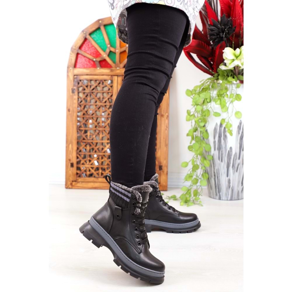 Konfores 1401 Kauçuk Tabanlı Bayan Spor Bot - NKT01401-siyah gri-40