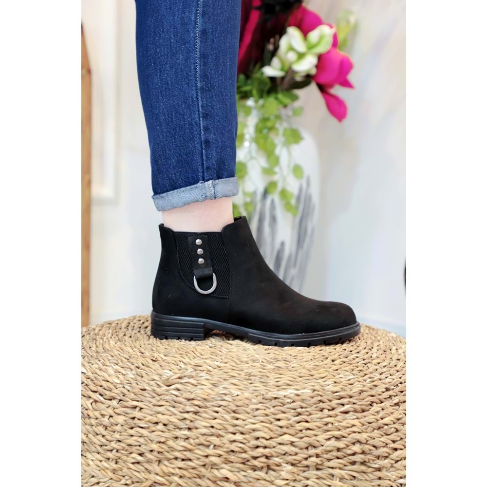 Konfores 1408 Kauçuk Tabanlı Bayan Düz Tabanlı Bot - NKT01408-siyah nubuk-36