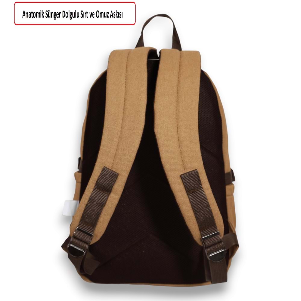 Konfores 1672 Unisex Anatomik Sırtlı Laptop Bölmeli Seyehat Spor ve Okul Çantası - NKT01672-Hardal-TEK EBAT