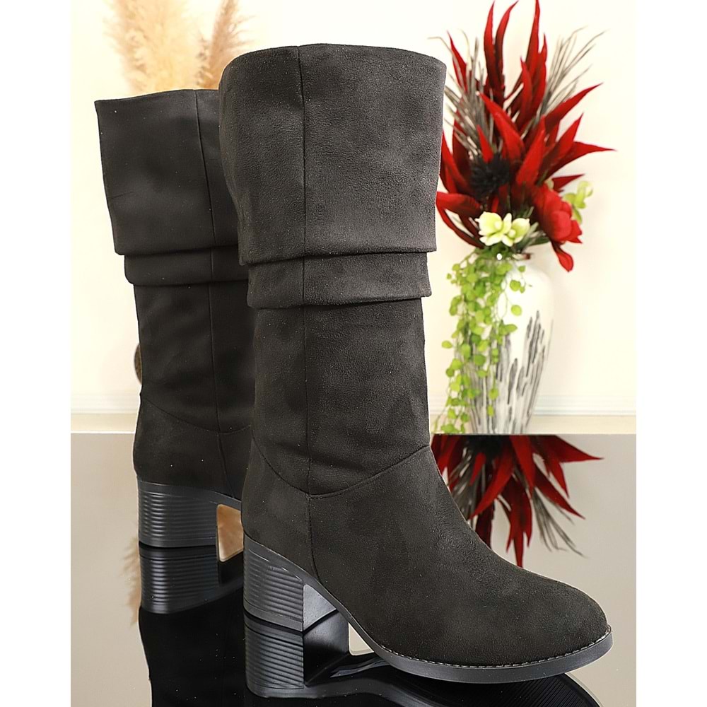 Konfores 1738-460388 Tpu Tabanlı Bayan Diz Altı Topuklu Uzun Çizme - NKT01738-Siyah Süet-40