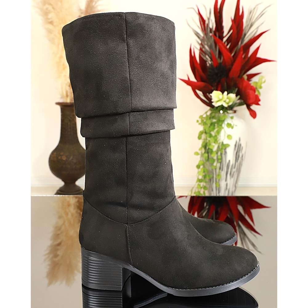 Konfores 1738-460388 Tpu Tabanlı Bayan Diz Altı Topuklu Uzun Çizme - NKT01738-Siyah Süet-40