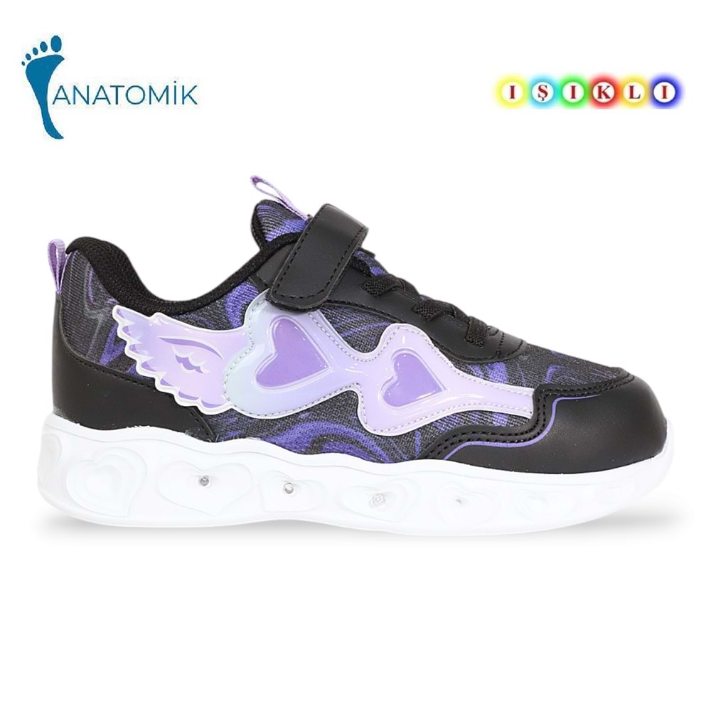 Kidessa 1962 Işıklı Anatomik Tabanlı Çocuk Günlük Spor Ayakkabı - NKT01962-siyah mor-30