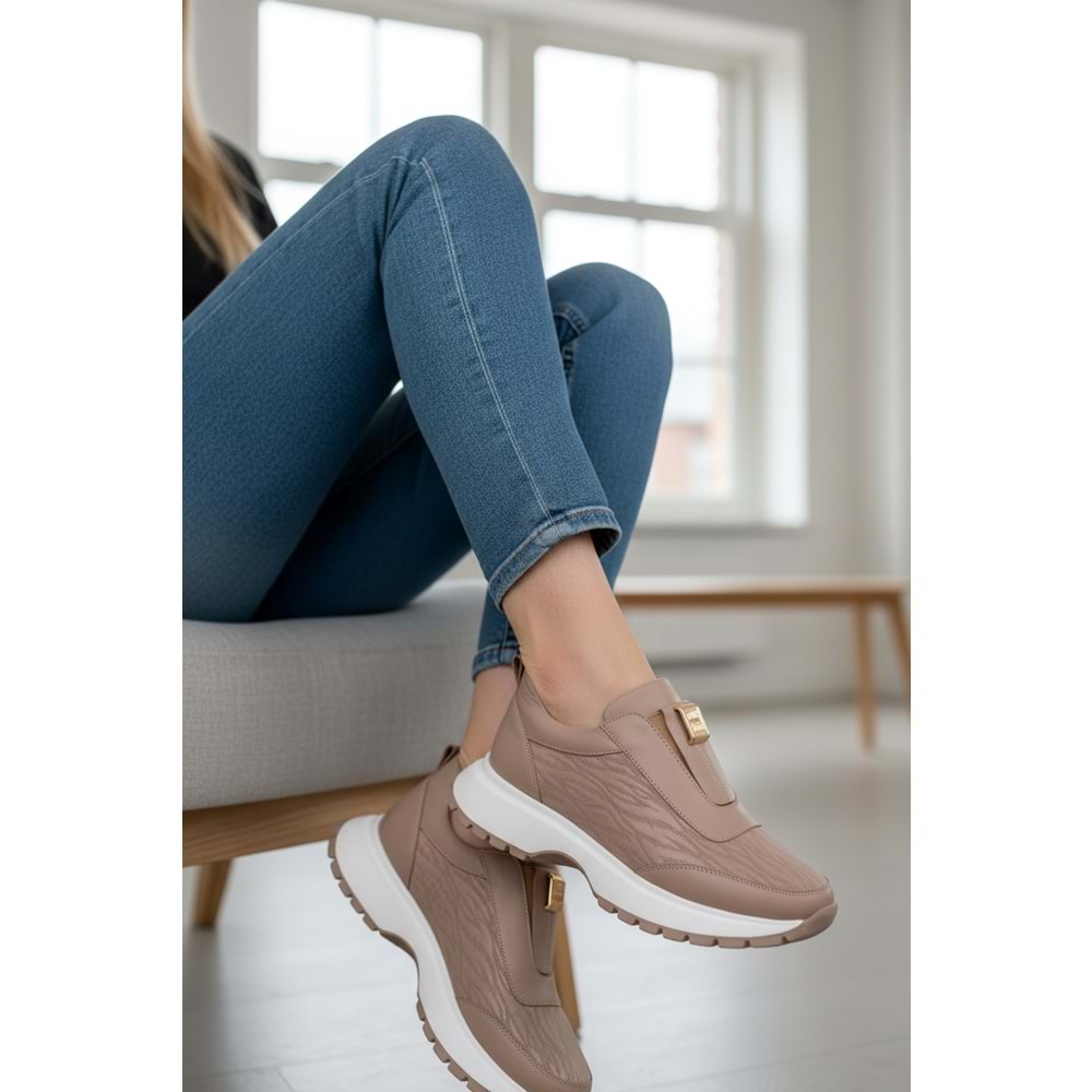 Konfores 1965-273061 Hakiki Deri Anatomik Tabanlı Kadın Sneakers Ayakkabı - NKT01965-BEJ-37