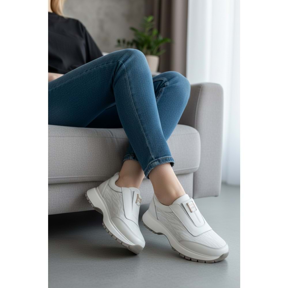 Konfores 1965-273061 Hakiki Deri Anatomik Tabanlı Kadın Sneakers Ayakkabı - NKT01965-BEYAZ-38