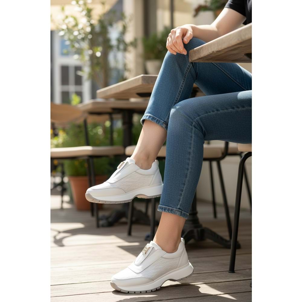 Konfores 1965-273061 Hakiki Deri Anatomik Tabanlı Kadın Sneakers Ayakkabı - NKT01965-BEYAZ-38