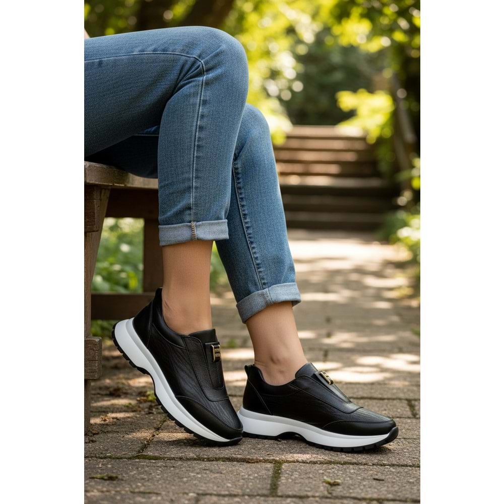 Konfores 1965-273061 Hakiki Deri Anatomik Tabanlı Kadın Sneakers Ayakkabı - NKT01965-siyah beyaz-38