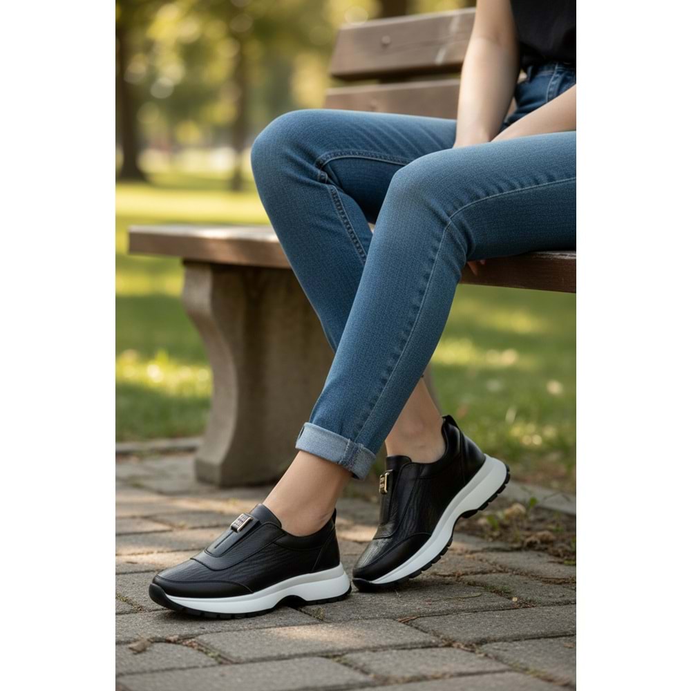 Konfores 1965-273061 Hakiki Deri Anatomik Tabanlı Kadın Sneakers Ayakkabı - NKT01965-siyah beyaz-38