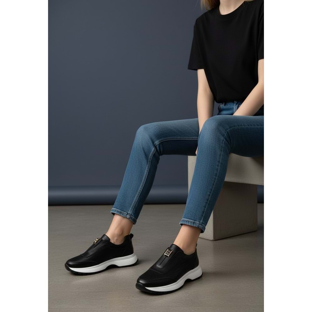 Konfores 1965-273061 Hakiki Deri Anatomik Tabanlı Kadın Sneakers Ayakkabı - NKT01965-siyah beyaz-39