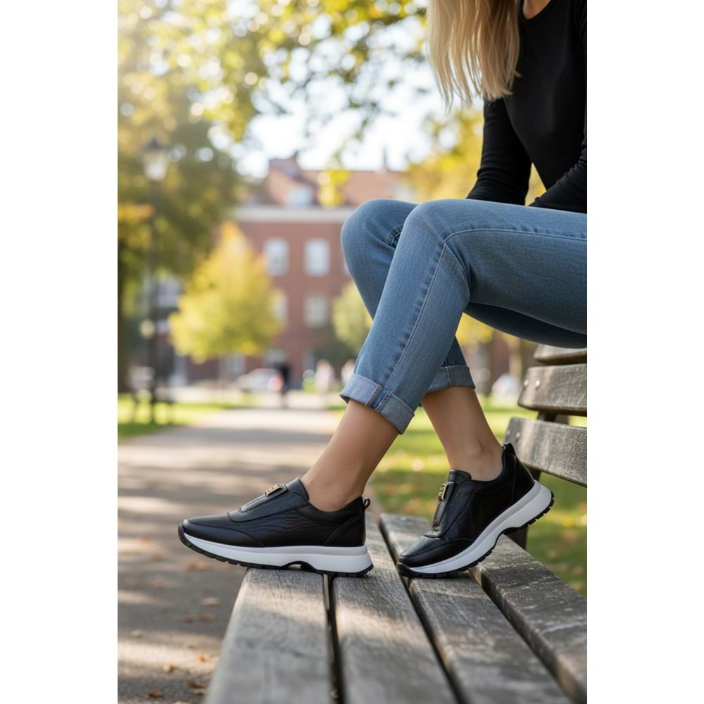 Konfores 1965-273061 Hakiki Deri Anatomik Tabanlı Kadın Sneakers Ayakkabı - NKT01965-siyah beyaz-39