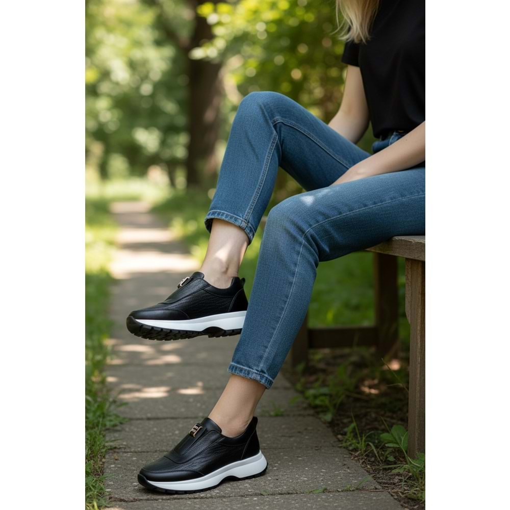 Konfores 1965-273061 Hakiki Deri Anatomik Tabanlı Kadın Sneakers Ayakkabı - NKT01965-siyah beyaz-39