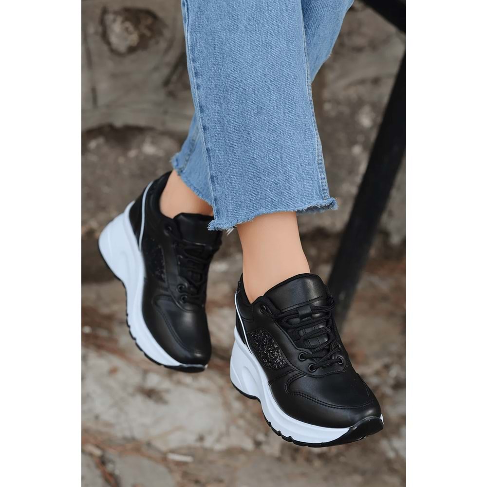 Konfores 2070 Anatomik Dolgu Tabanlı Kadın Sneakers Ayakkabı - NKT02070-siyah beyaz-37