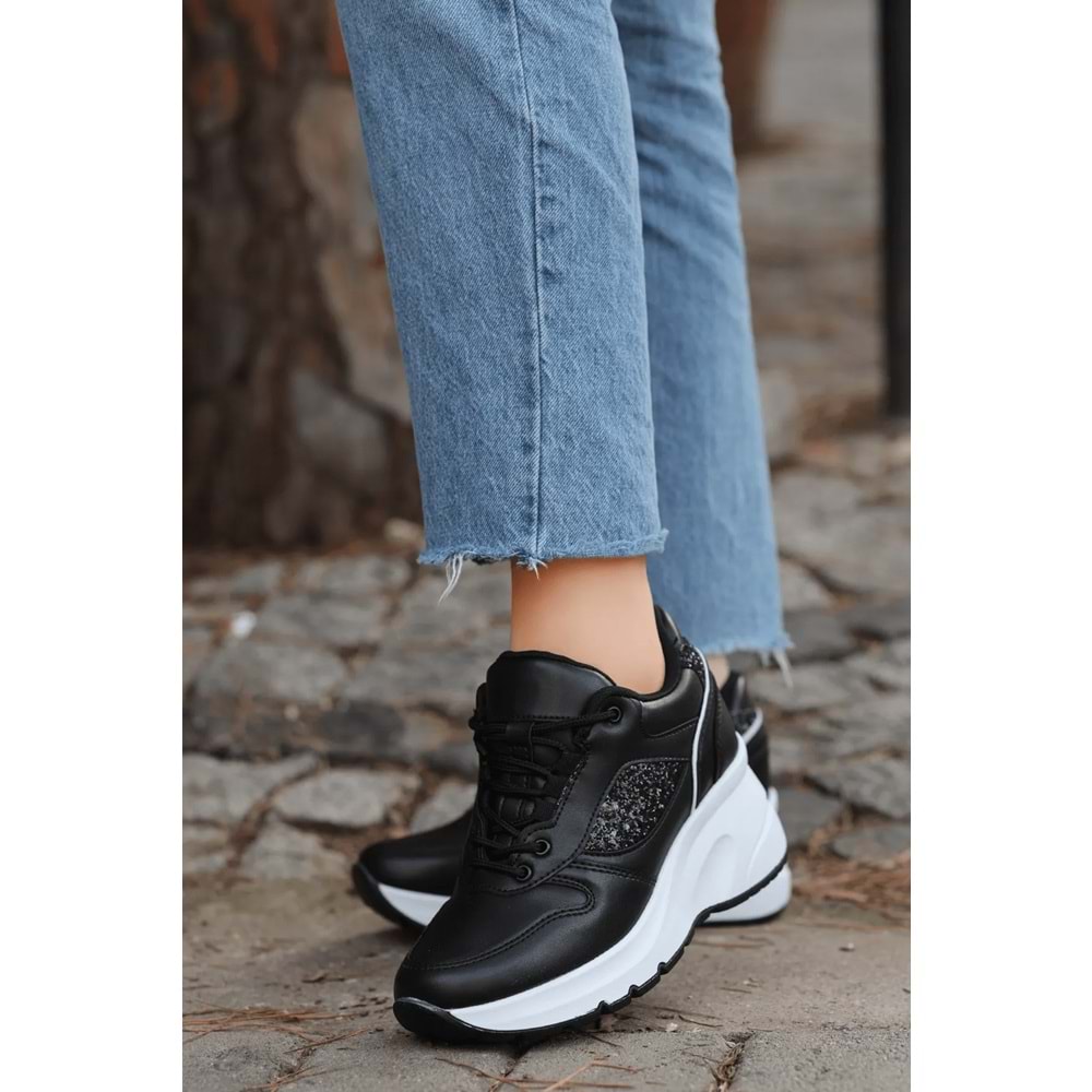 Konfores 2070 Anatomik Dolgu Tabanlı Kadın Sneakers Ayakkabı - NKT02070-siyah beyaz-37