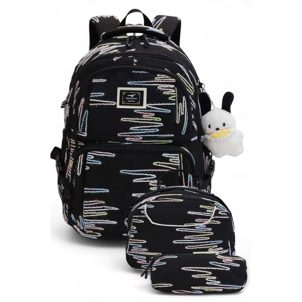 Relaxion 2173-1430 İthal Ürün Kız Çocuk Üçlü Set İlkokul Sırt Çantası - NKT02173-siyah-TEKEBAT