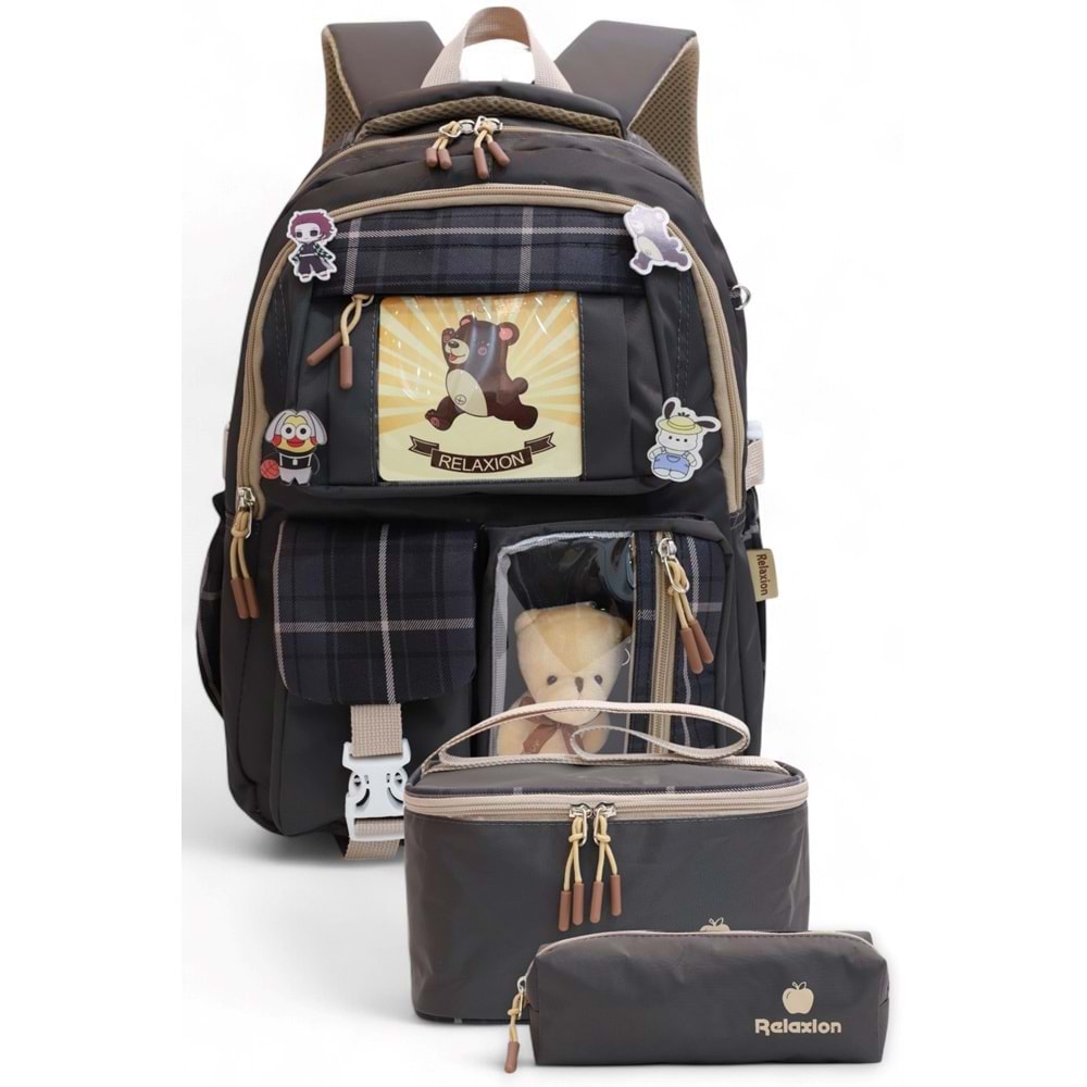 Relaxion 2203-1395 Kore Tarzı Unisex Çocuk Üçlü Set İlkokul Sırt Çantası - NKT02203-Füme-TEKEBAT