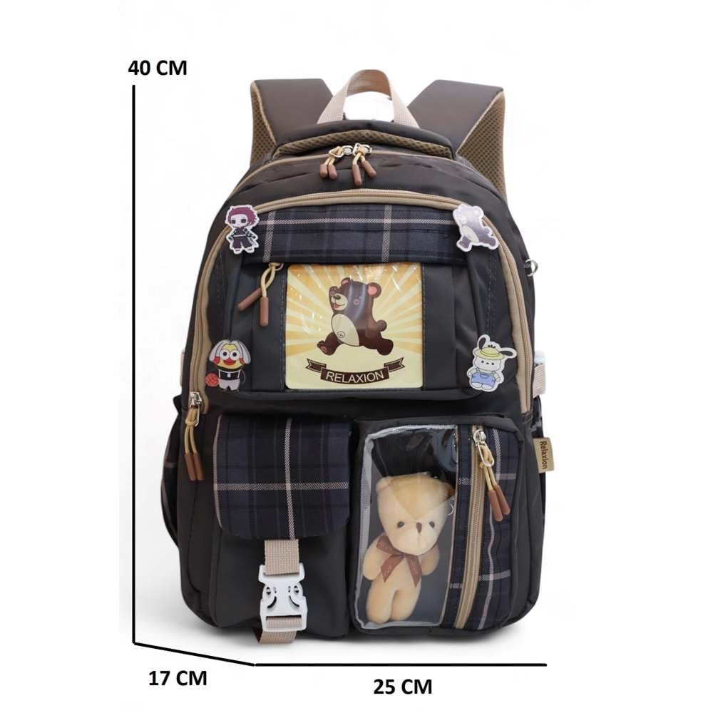 Relaxion 2203-1395 Kore Tarzı Unisex Çocuk Üçlü Set İlkokul Sırt Çantası - NKT02203-Füme-TEKEBAT