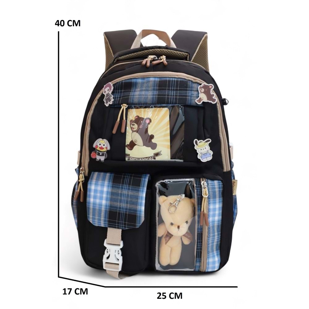 Relaxion 2203-1395 Kore Tarzı Unisex Çocuk Üçlü Set İlkokul Sırt Çantası - NKT02203-siyah-TEKEBAT