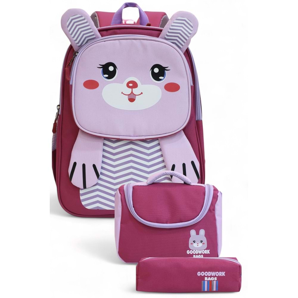2204-Goodwork Kız Çocuk Üçlü Set Figürlü İlkokul Sırt Çantası - NKT02204-mürdüm-TEKEBAT