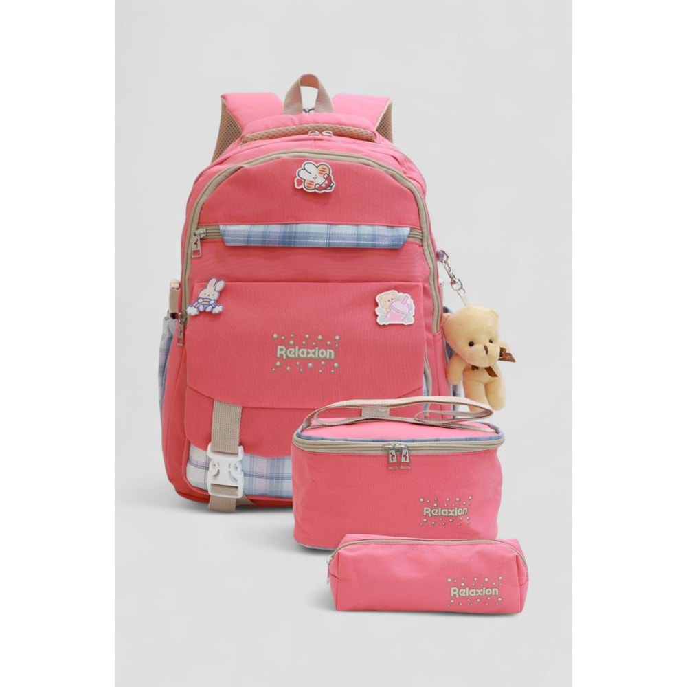 Relaxion 1396 Kore Tarzı Unisex Çocuk Üçlü Set İlkokul Sırt Çantası - NKT02206-PEMBE-TEKEBAT