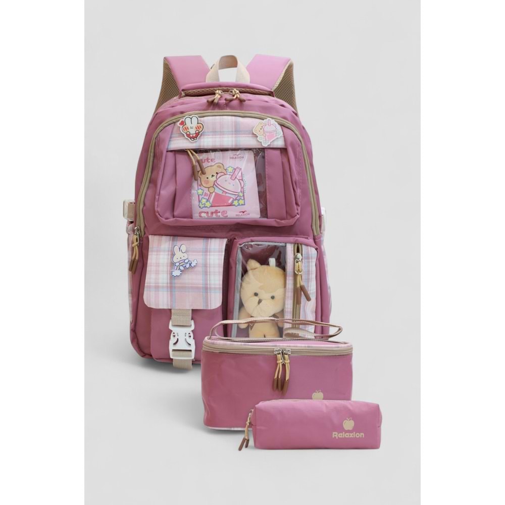 Relaxion 1395 Kore Tarzı Unisex Çocuk Üçlü Set İlkokul Sırt Çantası - NKT02207-Gülkurusu-TEKEBAT