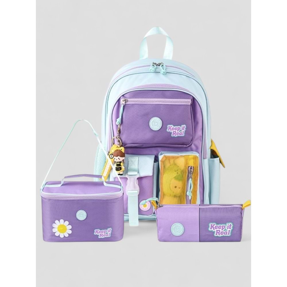 Muggle 2214 İthal Ürün Üst Kalite Unisex Çocuk Üçlü Set İlkokul Sırt Çantası - NKT02214-MOR-TEKEBAT
