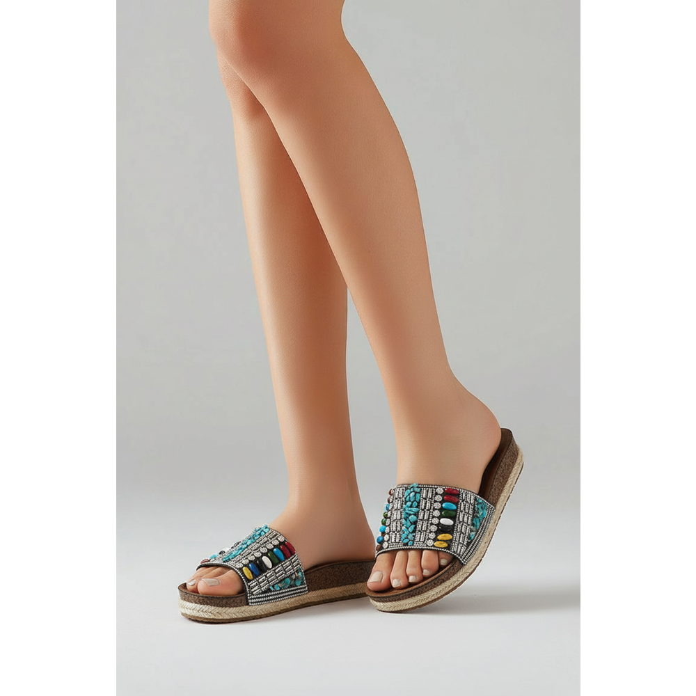 2232-Pien Anatomik Mantar Tabanlı Boncuklu Kadın Terlik - NKT02232-Gri-Mint-39