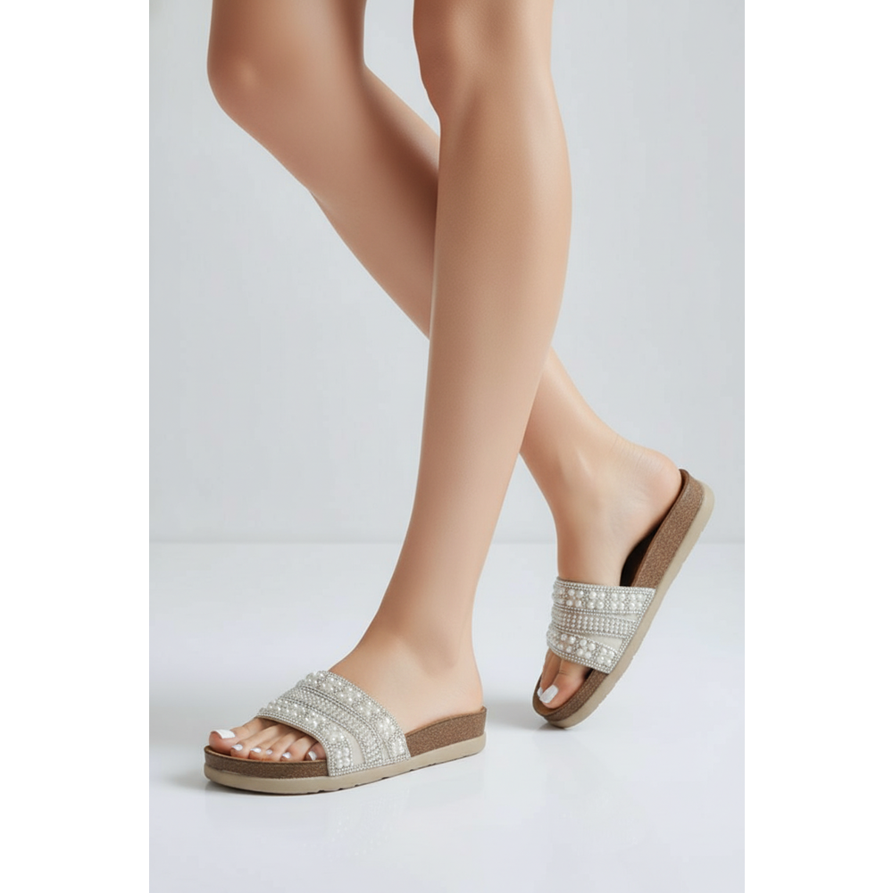 2232-Pien Anatomik Mantar Tabanlı Boncuklu Kadın Terlik - NKT02232-sedef-38